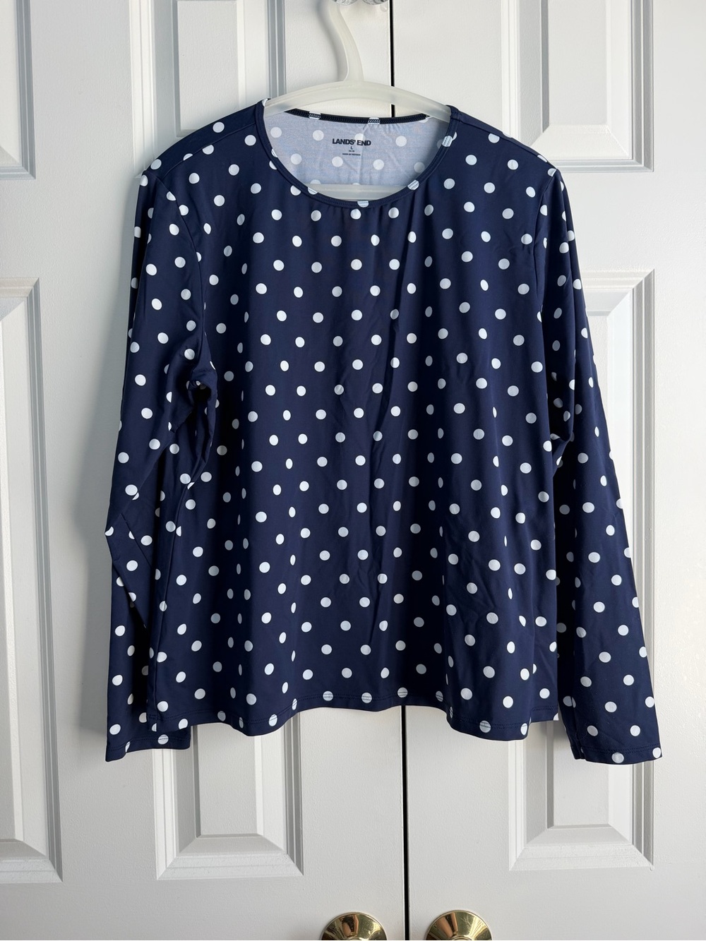 Lands' End Navy and White Polka Dot Long Sleeve Swim Coverup